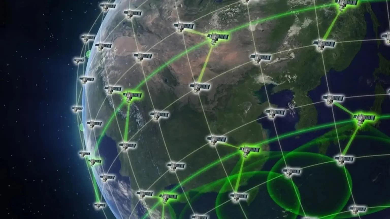 DARPA rendering of a satellite constellation tracking targets from orbit
