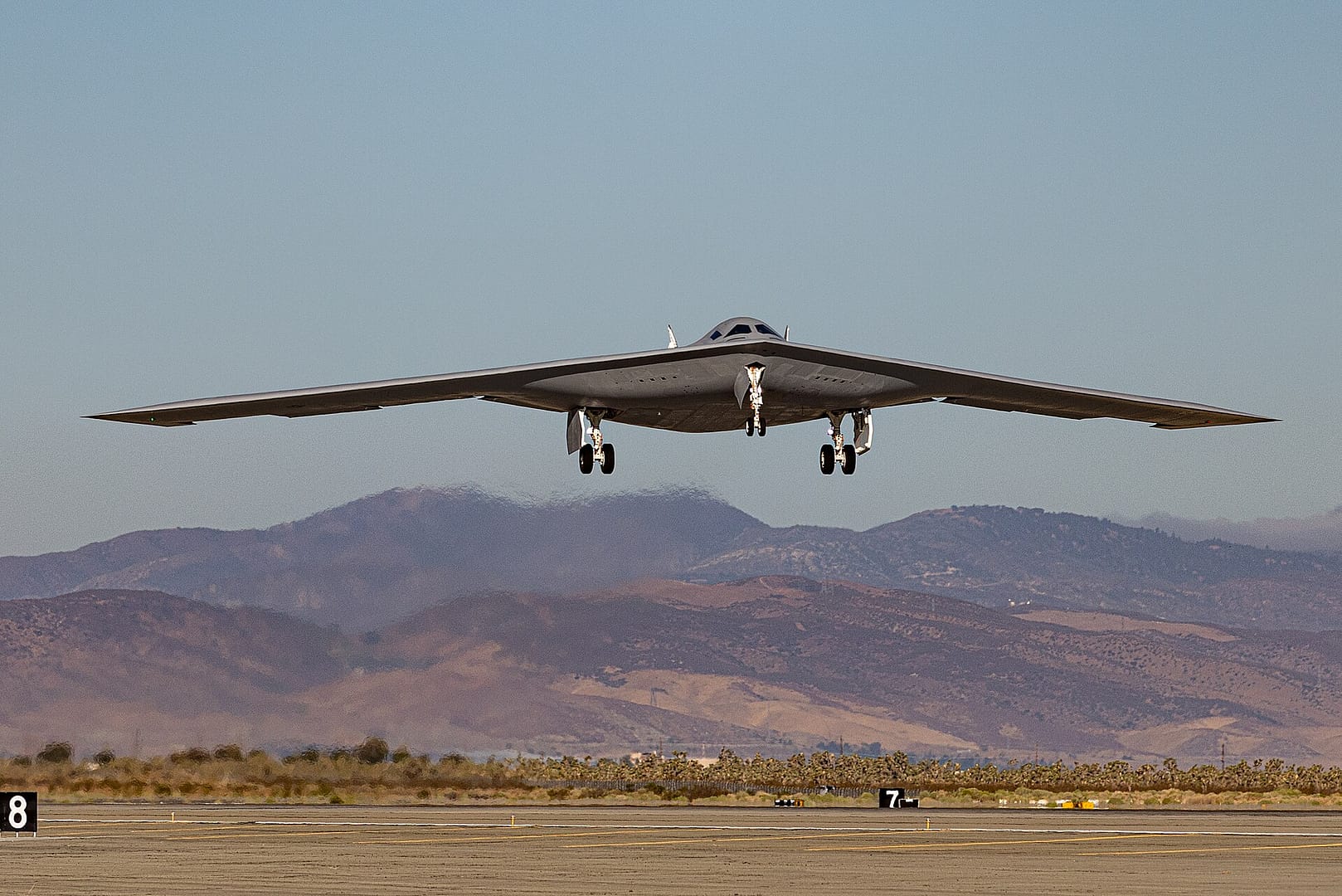 A B-21 Raider during flight testing at Edwards Air Force Base, California