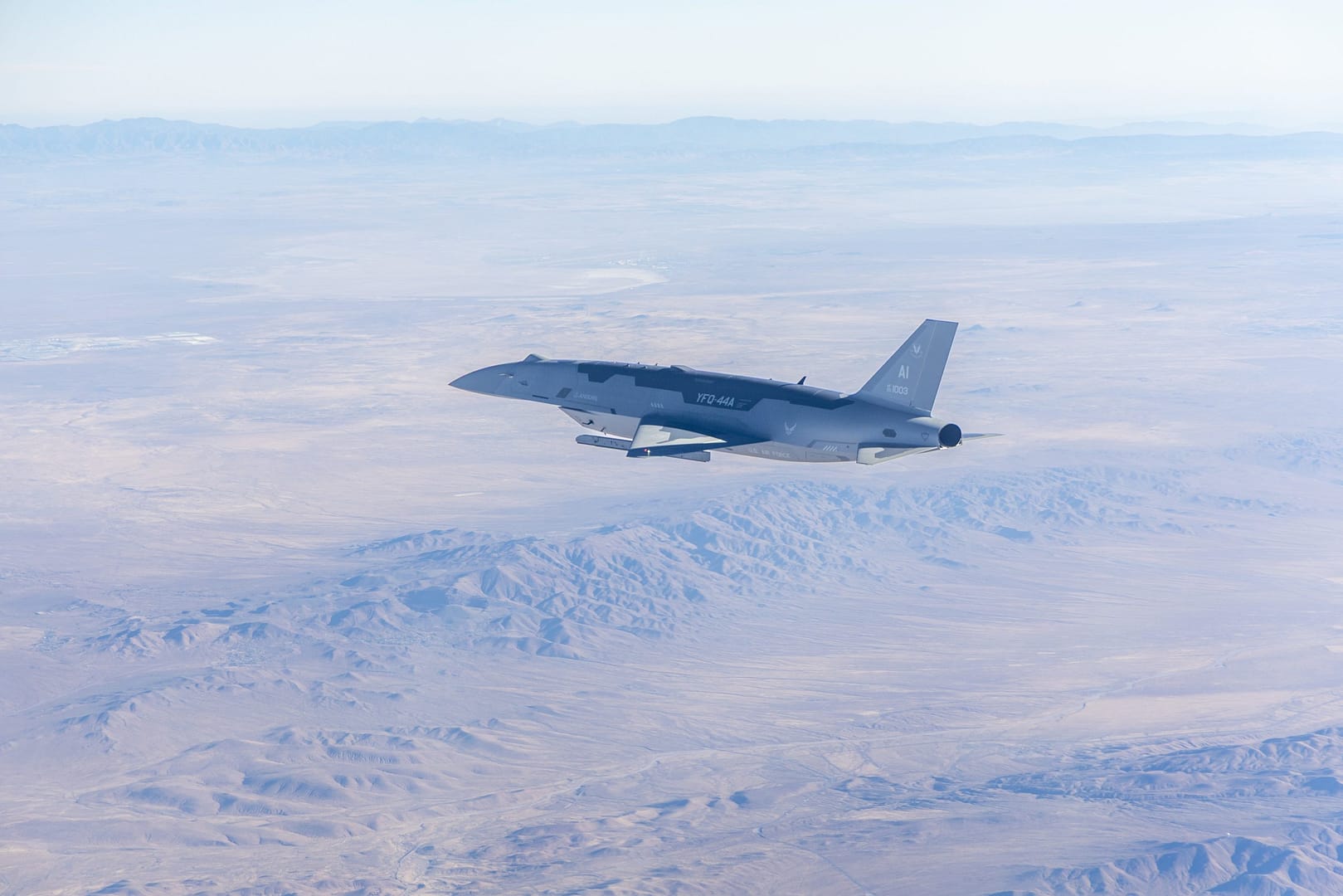 YFQ-44A Fury CCA over the Mojave Desert Anduril YFQ-44A Collaborative Combat Aircraft flying over the Mojave Desert