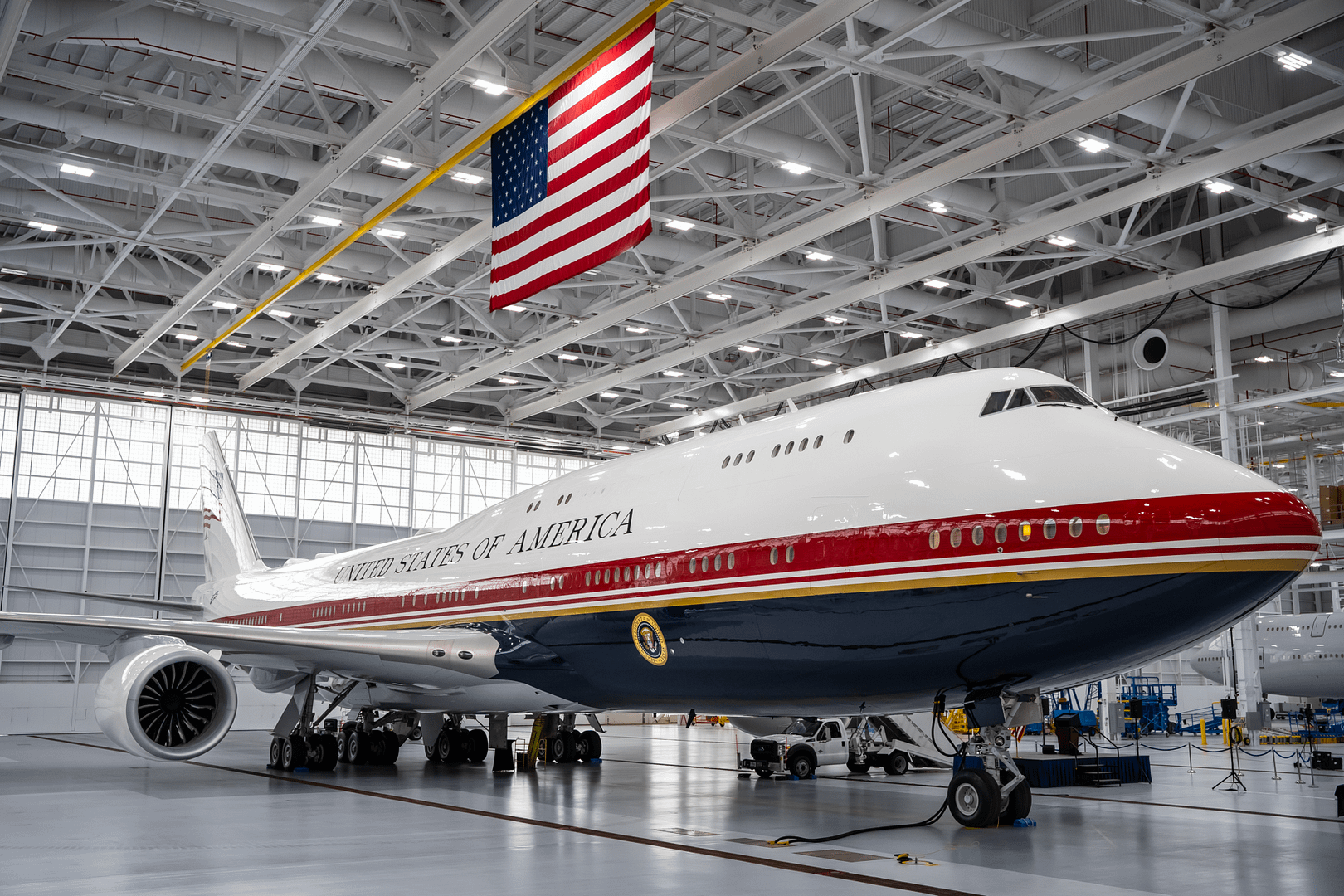 The VC-25B “bridge” Air Force One — a converted Boeing 747-8 — unveiled at Joint Base Andrews, June 2026