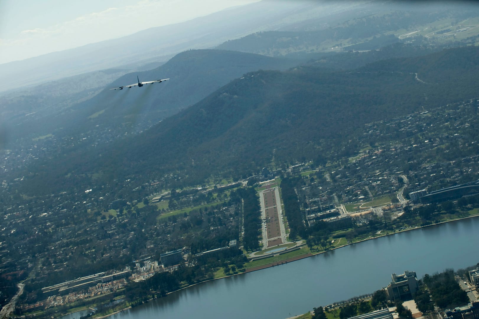 USAF Boeing B-52 Stratofortress strategic bomber flying over Canberra