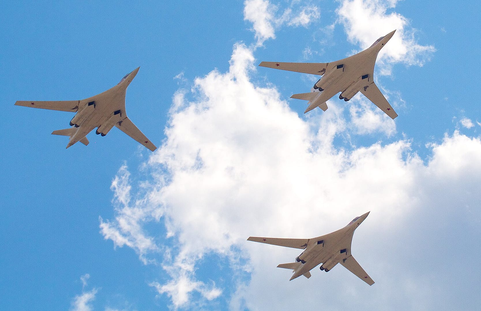 Three Russian Tu-160 Blackjack strategic bombers flying in formation