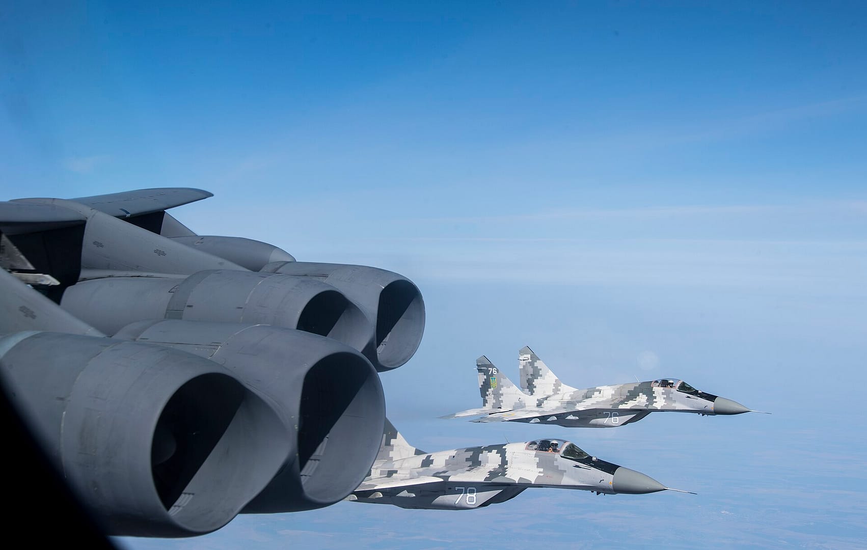 Two Ukrainian Air Force MiG-29 fighters in flight