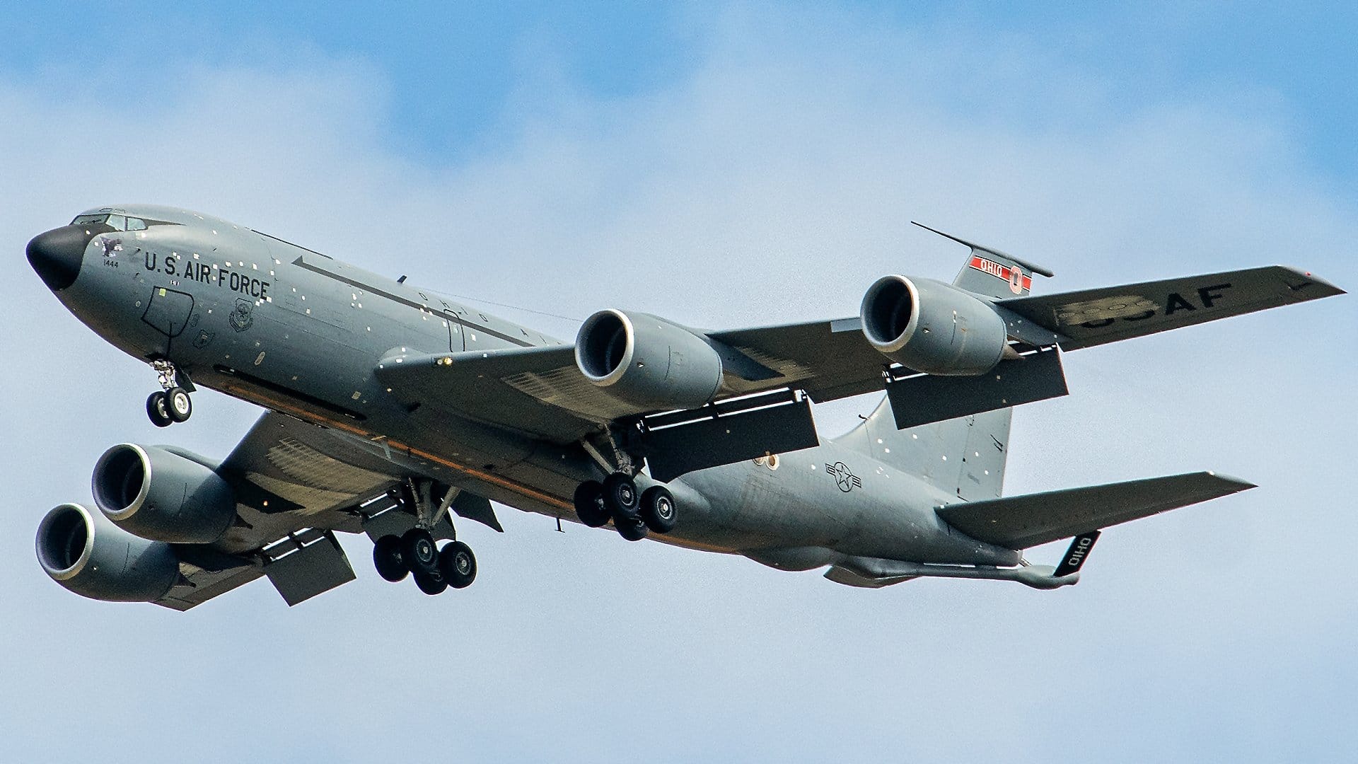 KC-135 Stratotanker covered in shrapnel patches landing at RAF Mildenhall. Photo: Andrew McKelvey