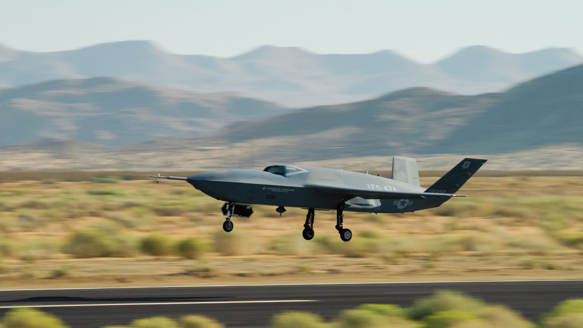 A YFQ-42A Collaborative Combat Aircraft takes off during flight testing