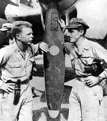 Major Richard Bong (left) and Major Thomas McGuire in the Philippines, November 1944