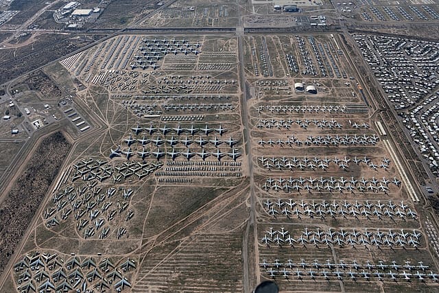 Aerial view of the aircraft boneyard at Davis-Monthan