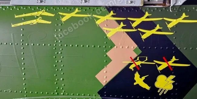 Kill marks on a Ukrainian Yak-52 showing eight drone kills and a bird strike patch