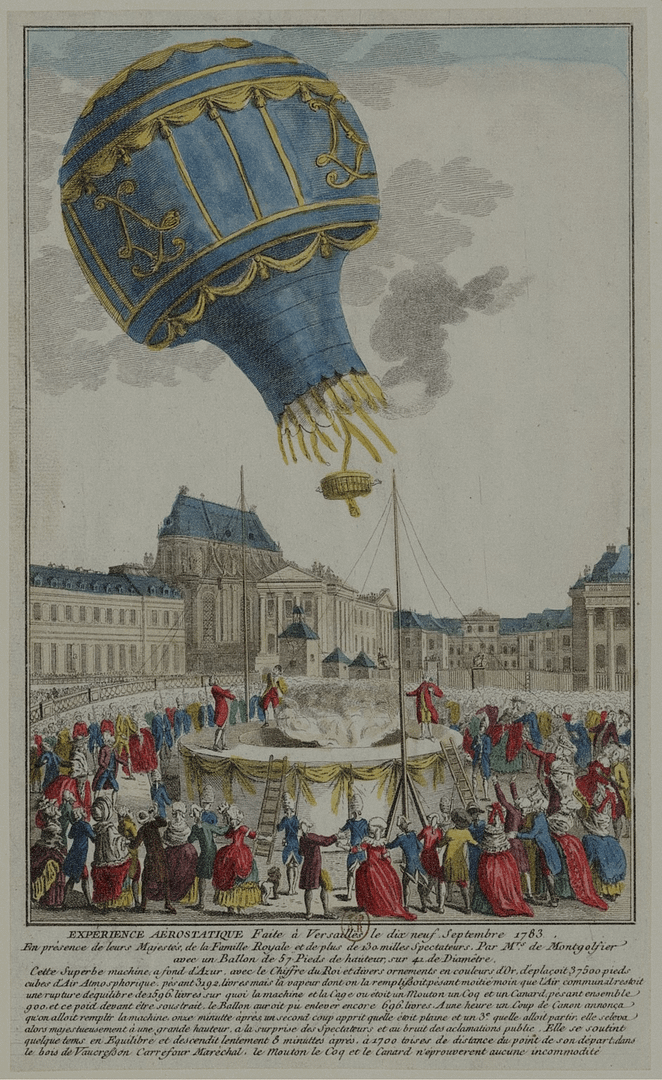 The Montgolfier balloon at Versailles, September 19, 1783 — carrying a sheep, a duck, and a rooster, the first living passengers in aviation history