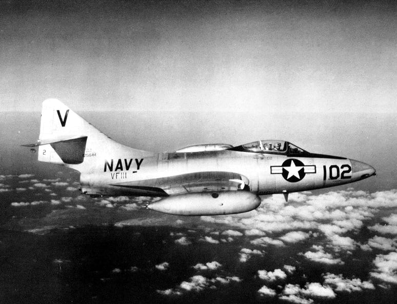 Grumman F9F-5 Panther of VF-111 in flight, US Navy, 1953