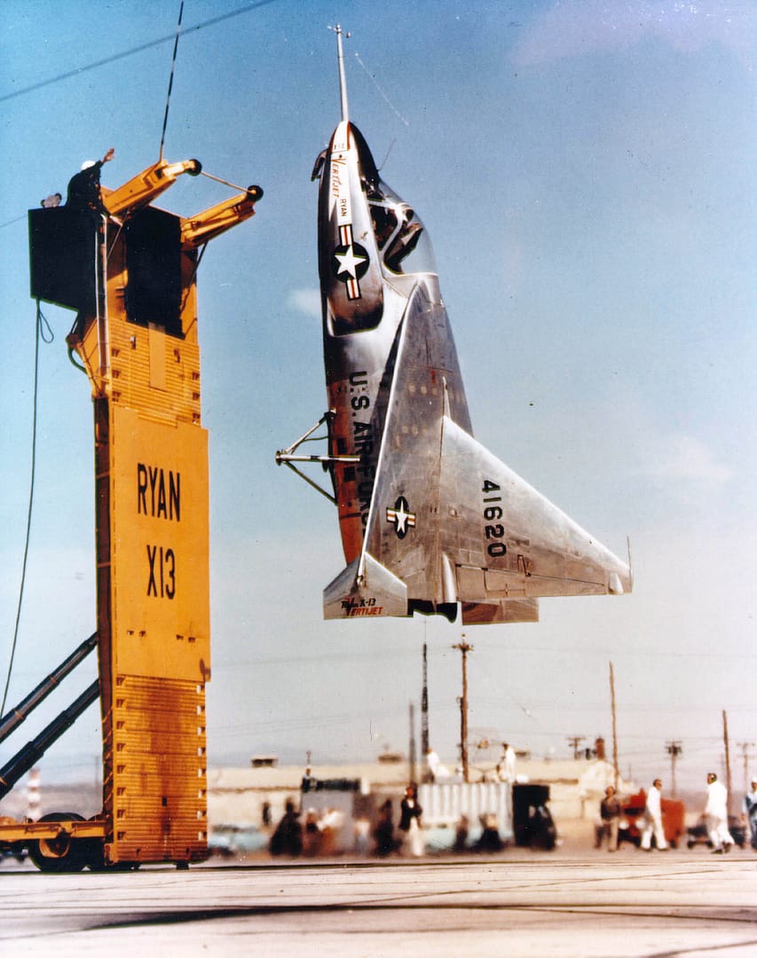 Ryan X-13 Vertijet hanging on its vertical launch trailer