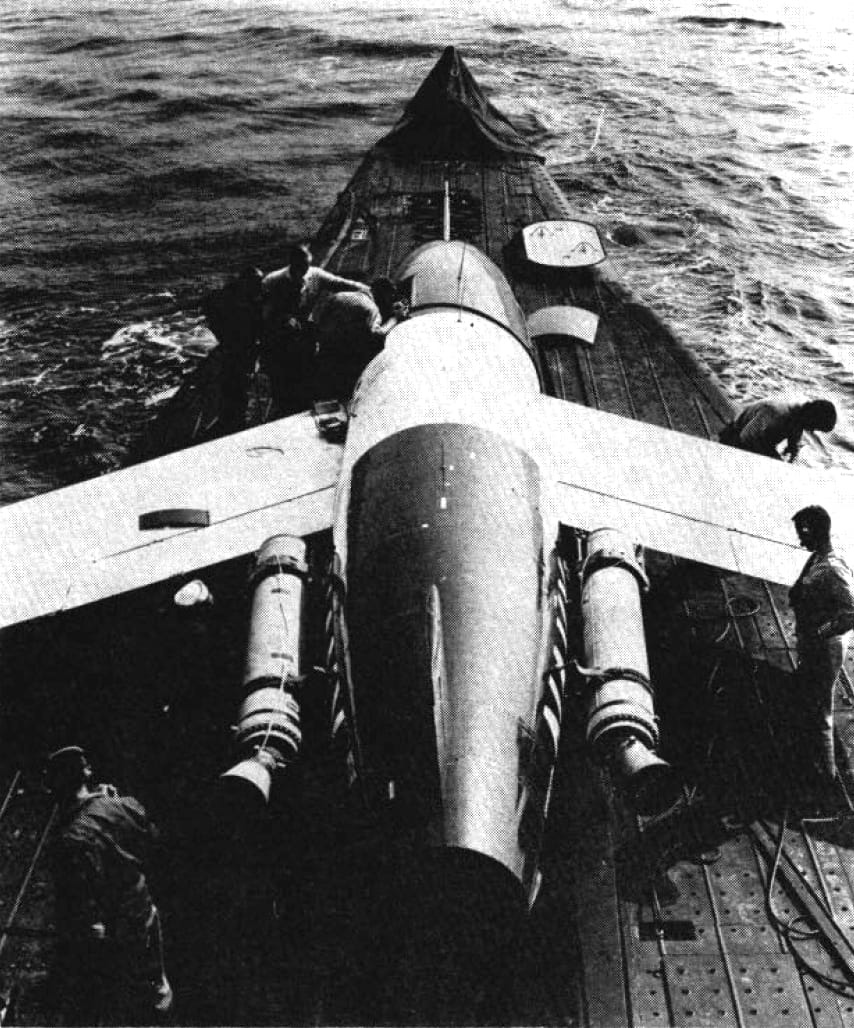 SSM-N-8 Regulus missile prepared for launch on the deck of USS Tunny, c.1956