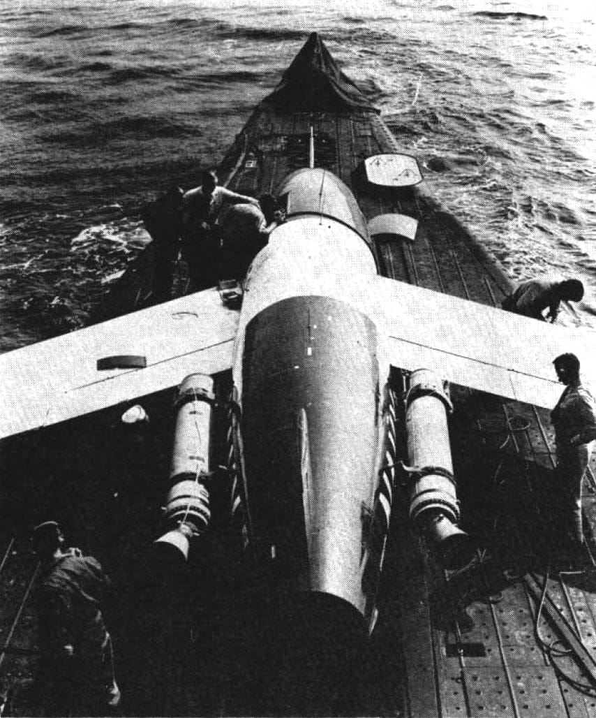 SSM-N-8 Regulus missile prepared for launch on the deck of USS Tunny, c.1956
