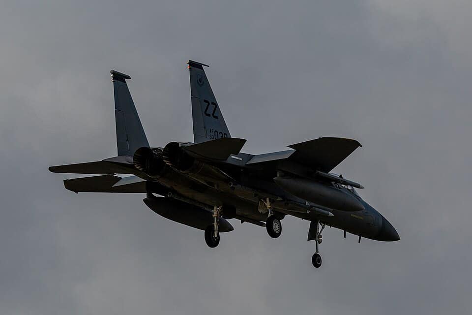 A U.S. Air Force F-15C Eagle from Kadena Air Base banking over the Pacific &mdash; the pure air-superiority fighter in its element. U.S. Air Force photo