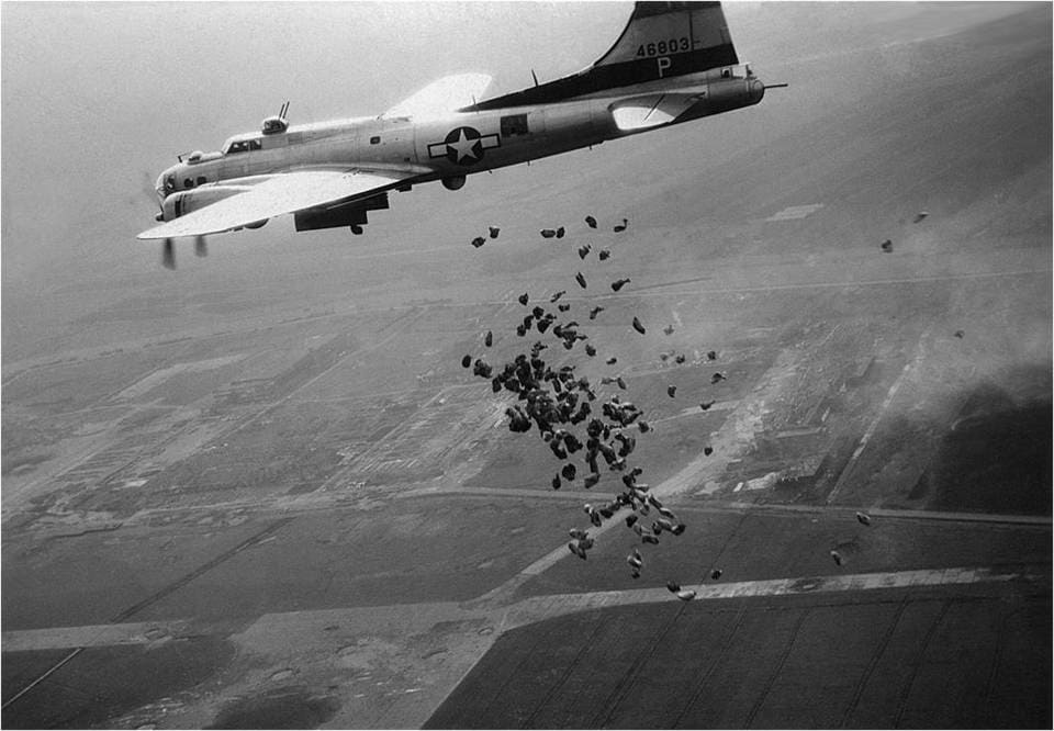 B-17 Operation Chowhound food drop A US B-17 drops food over Schiphol during Operation Chowhound, May 1945
