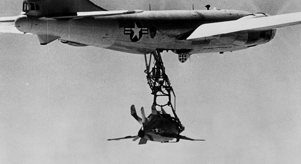 XF-85 Goblin alongside its EB-29 mothership during ground operations