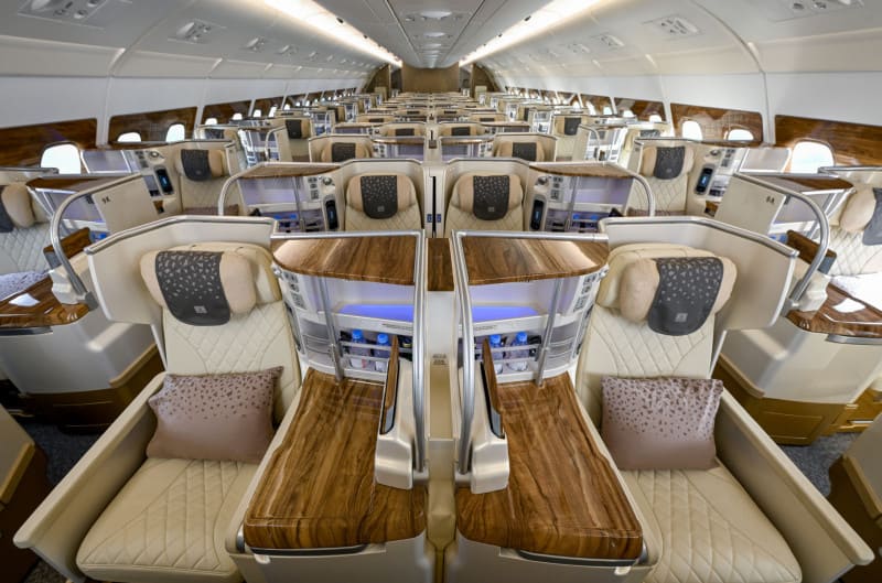 Business class cabin in the retrofitted Emirates A380