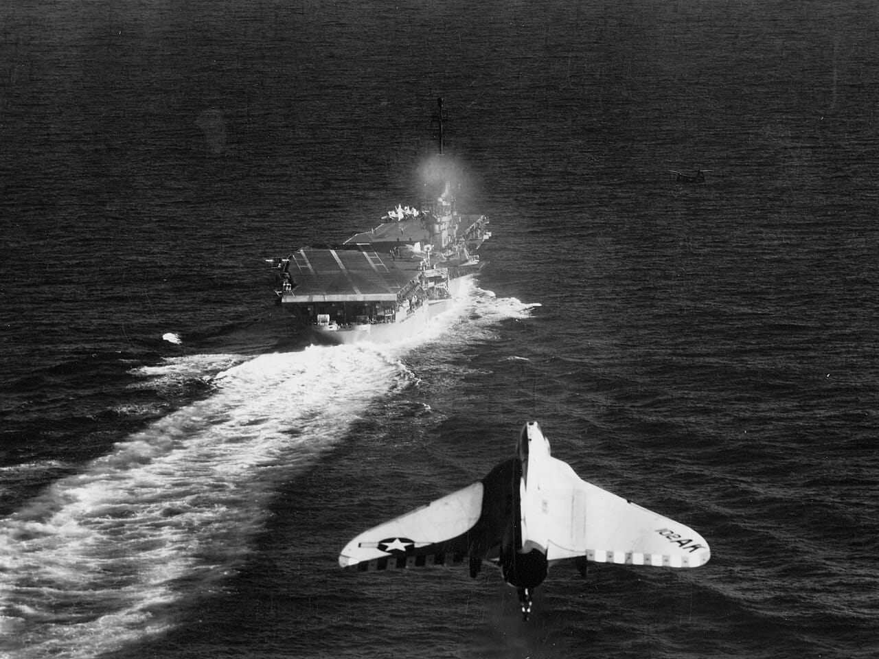 A Skyray approaching USS Essex