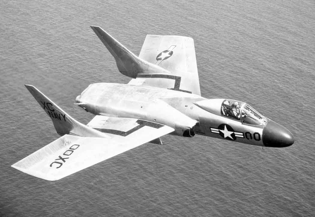 Vought F7U Cutlass in flight over the ocean