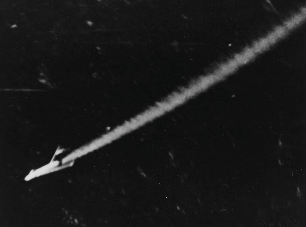 A MiG-15 shot down by US Navy fighters over Korea