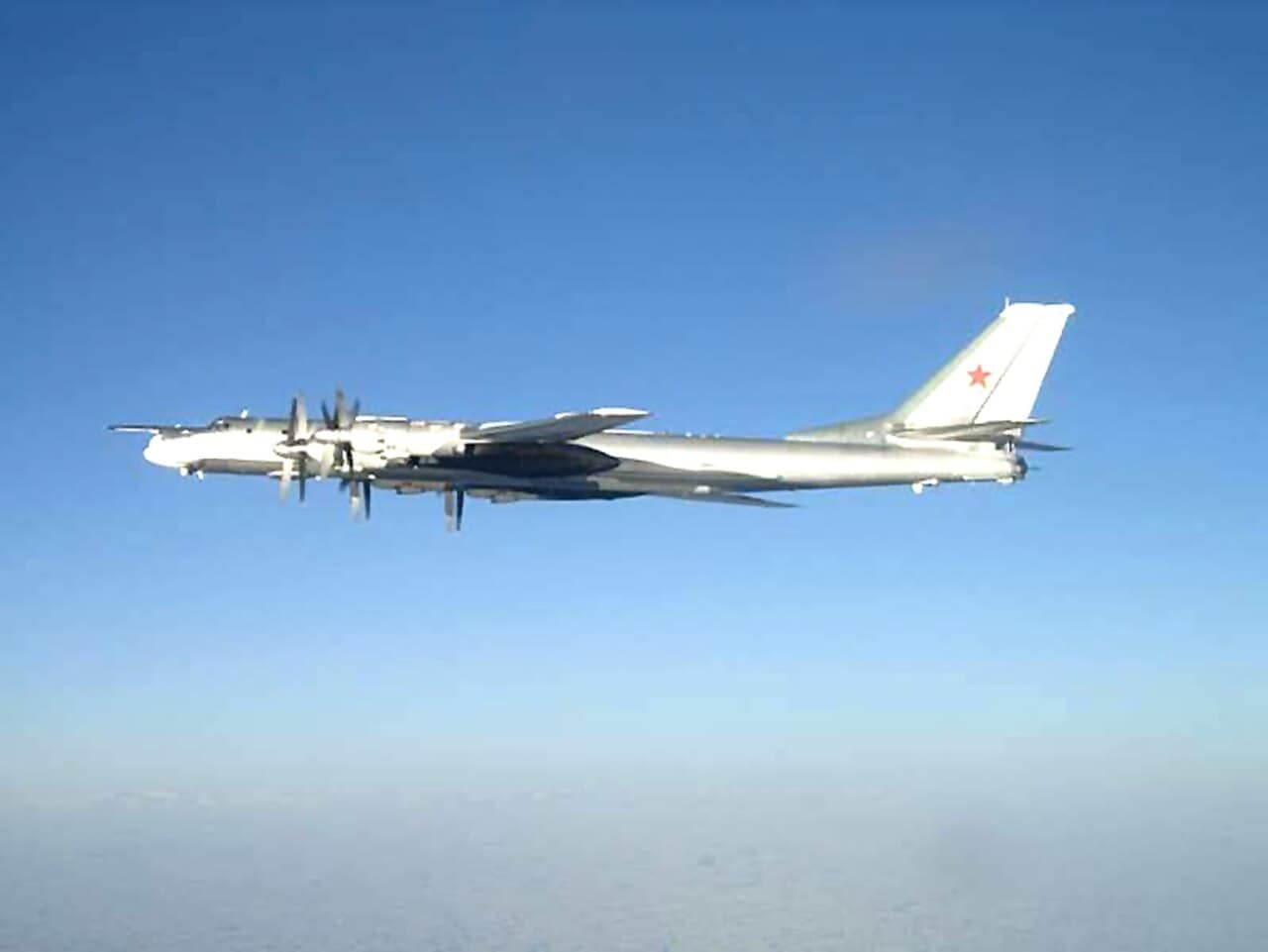Russian Tu-95 Bear bomber in flight south of Japan