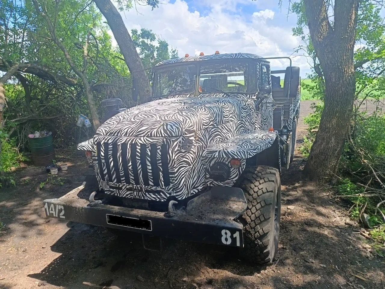 Russian Ural truck painted in a swirling leaf-like dazzle pattern