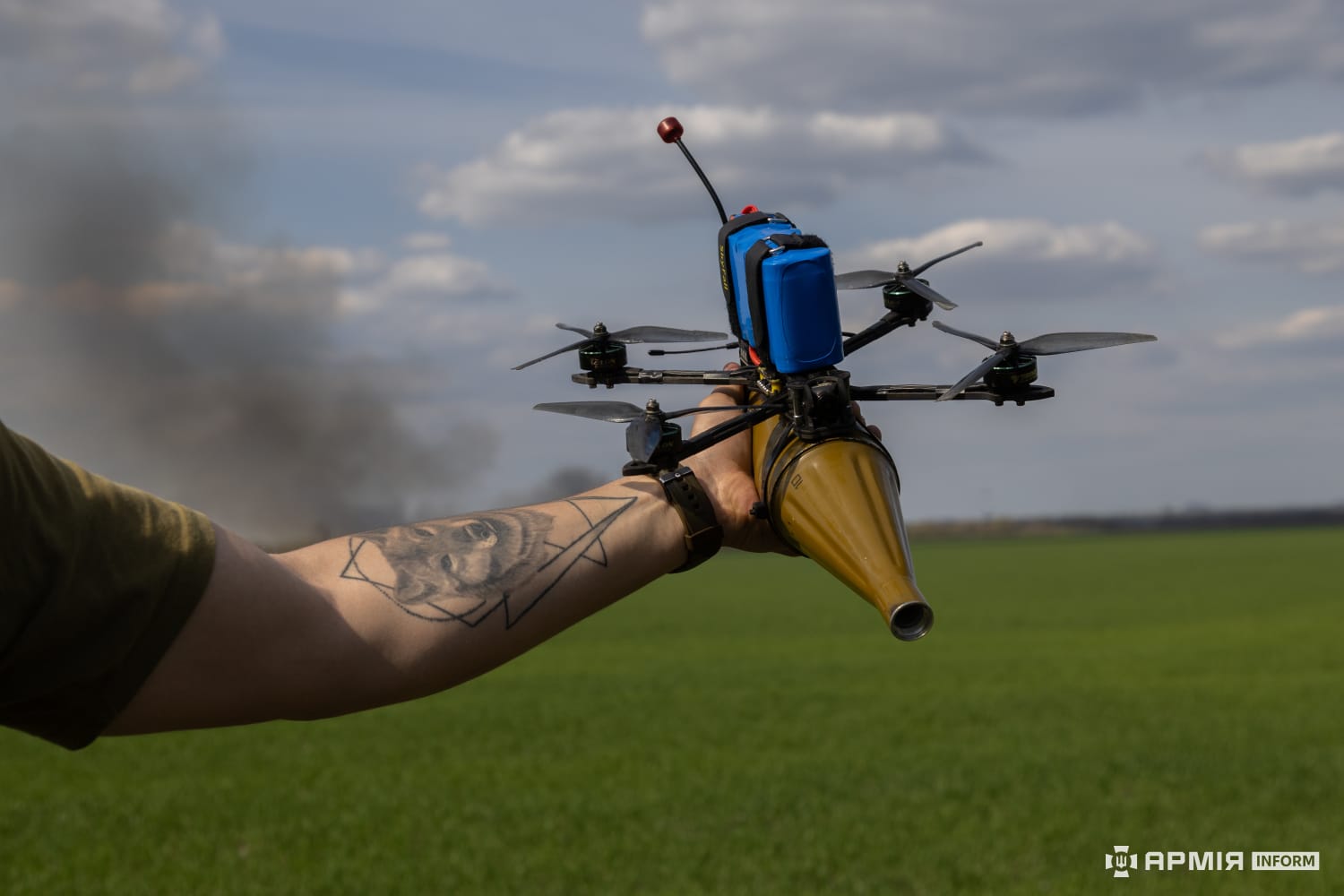 Ukrainian FPV loitering munition armed with an RPG warhead