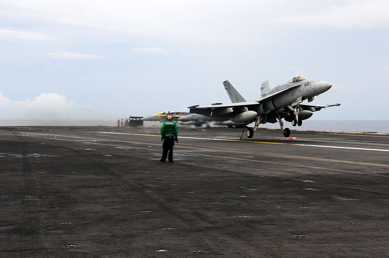 VMFA-323 Death Rattlers F/A-18C launching from a carrier