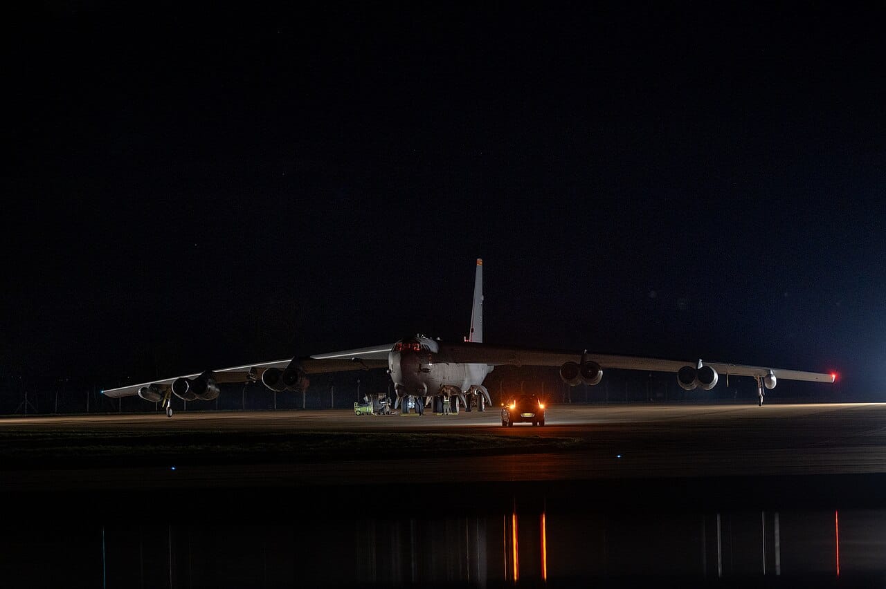 B-52 Stratofortresses launch from RAF Fairford during Bomber Task Force operations