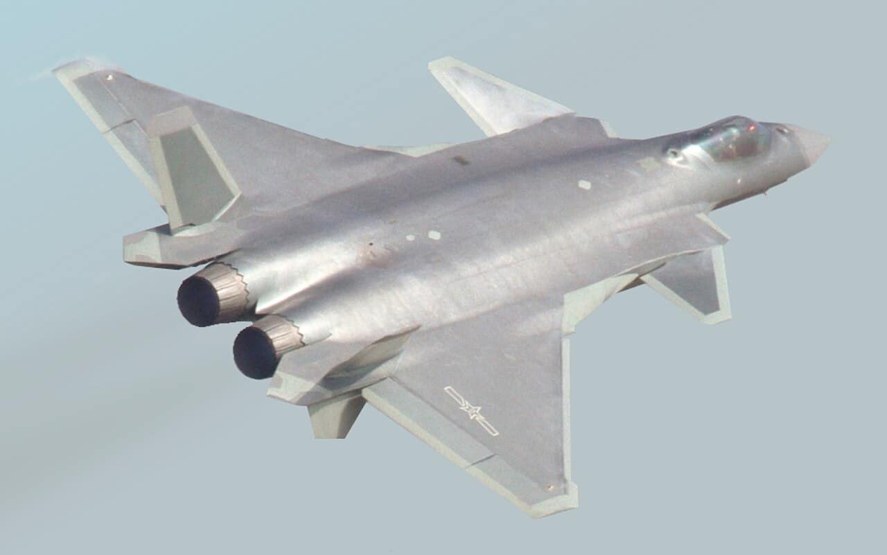 Chengdu J-20 stealth fighter in flight — designed to carry six PL-16 missiles internally