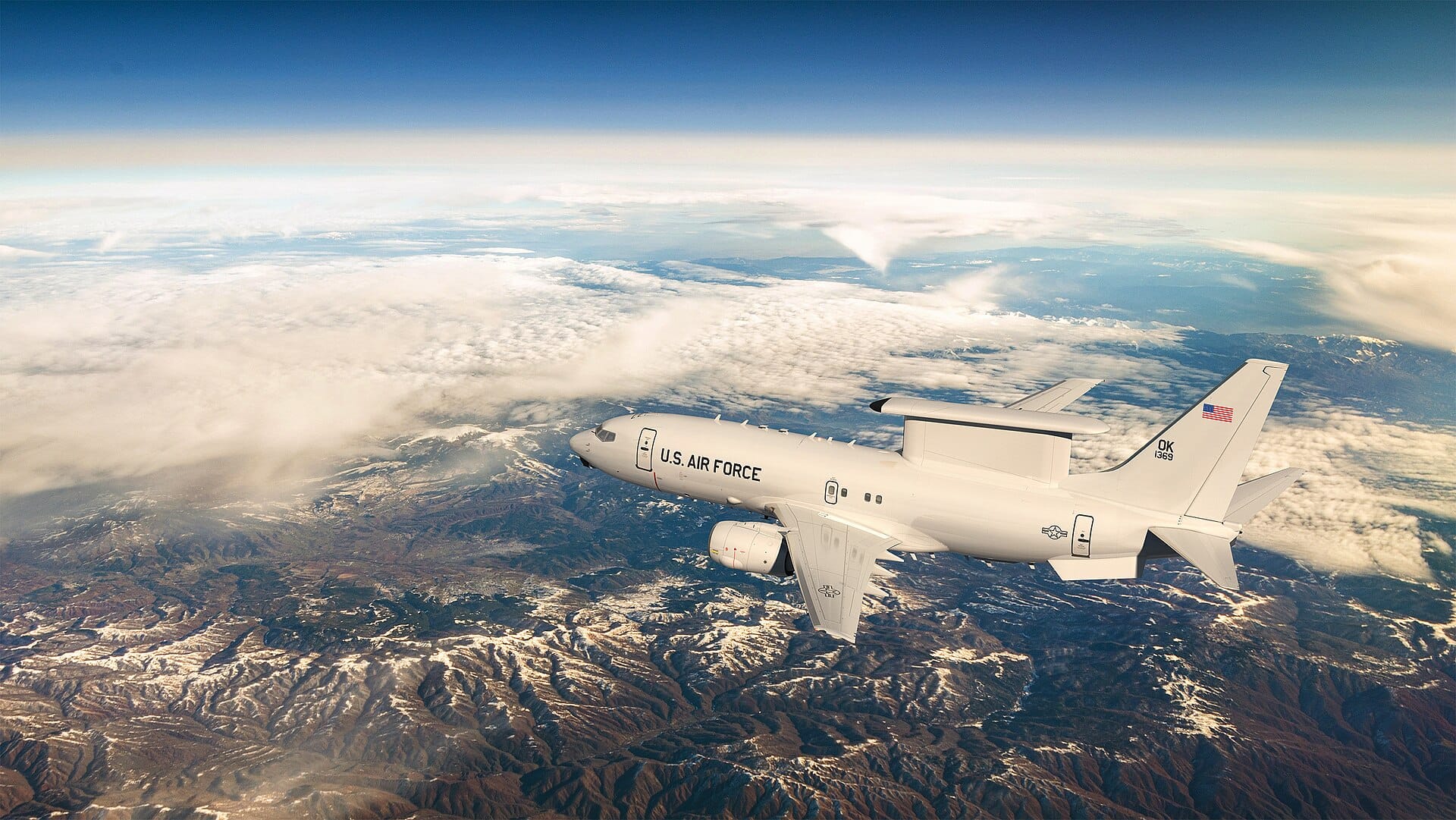 Artist rendering of a USAF E-7A Wedgetail in flight