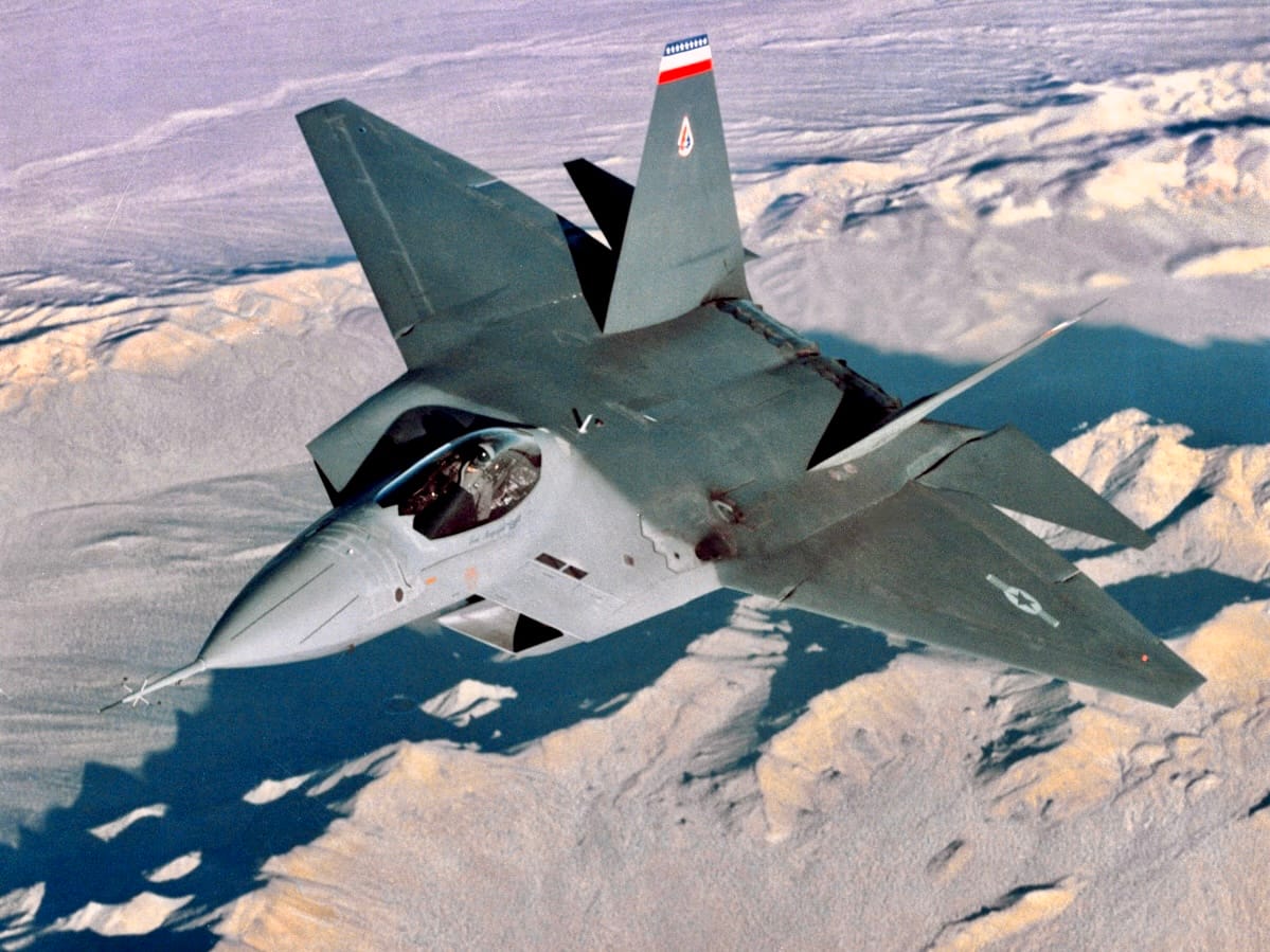 Lockheed YF-22 prototype in flight test at Edwards AFB in 1991