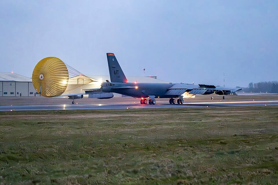 B-52H Stratofortress at RAF Fairford loaded with JDAM bombs during Operation Epic Fury