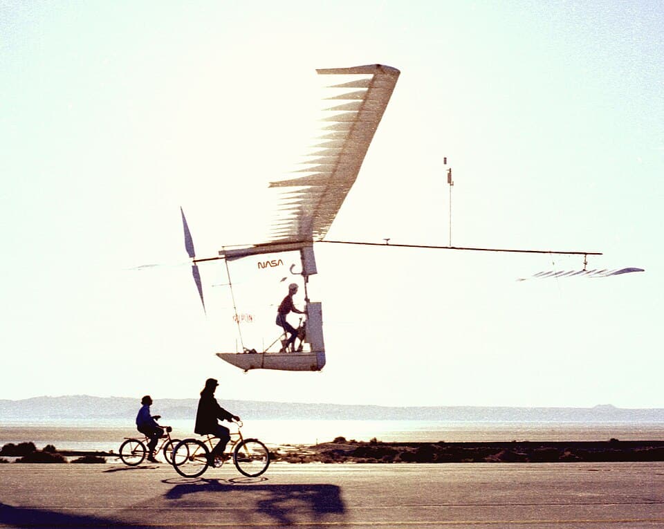 Gossamer Albatross II in flight during testing — the human-powered aircraft that crossed the English Channel in 1979