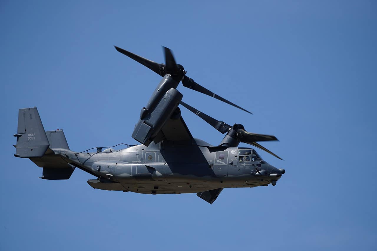 A USMC V-22 Osprey approaches its tanker