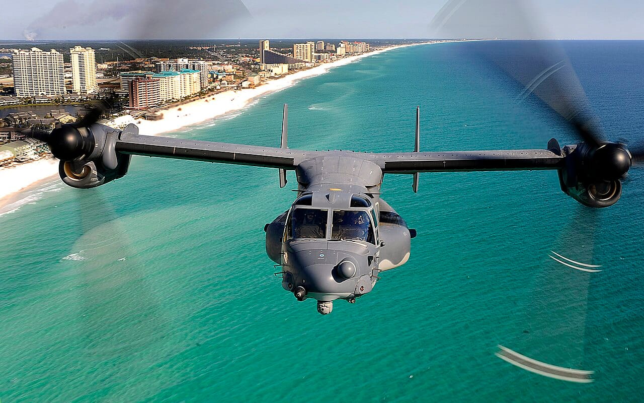 A CV-22 Osprey flies over the Emerald Coast near Hurlburt Field, home of Air Force Special Operations Command