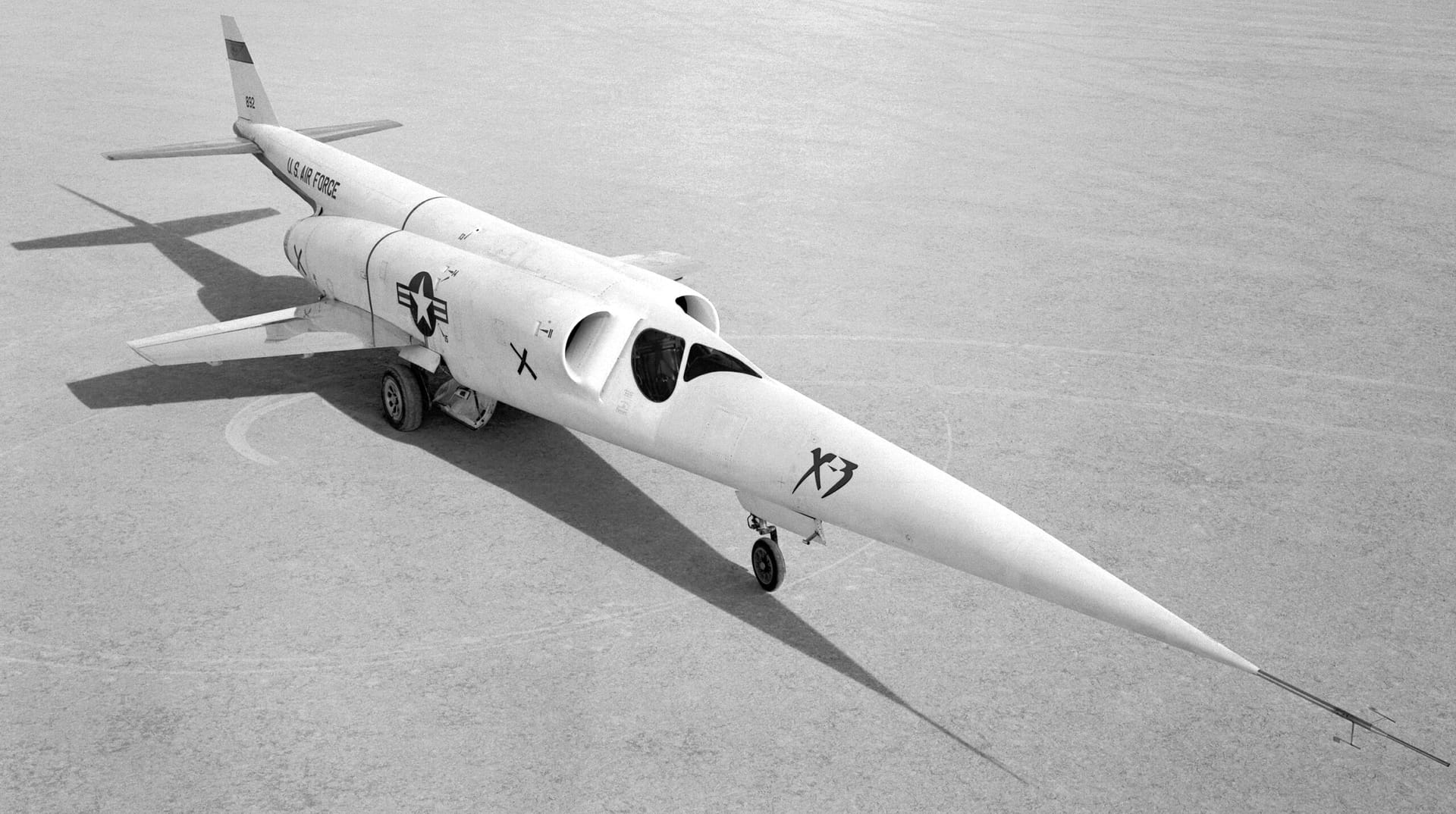 Douglas X-3 Stiletto experimental aircraft on the ground at Edwards AFB, photographed by NACA