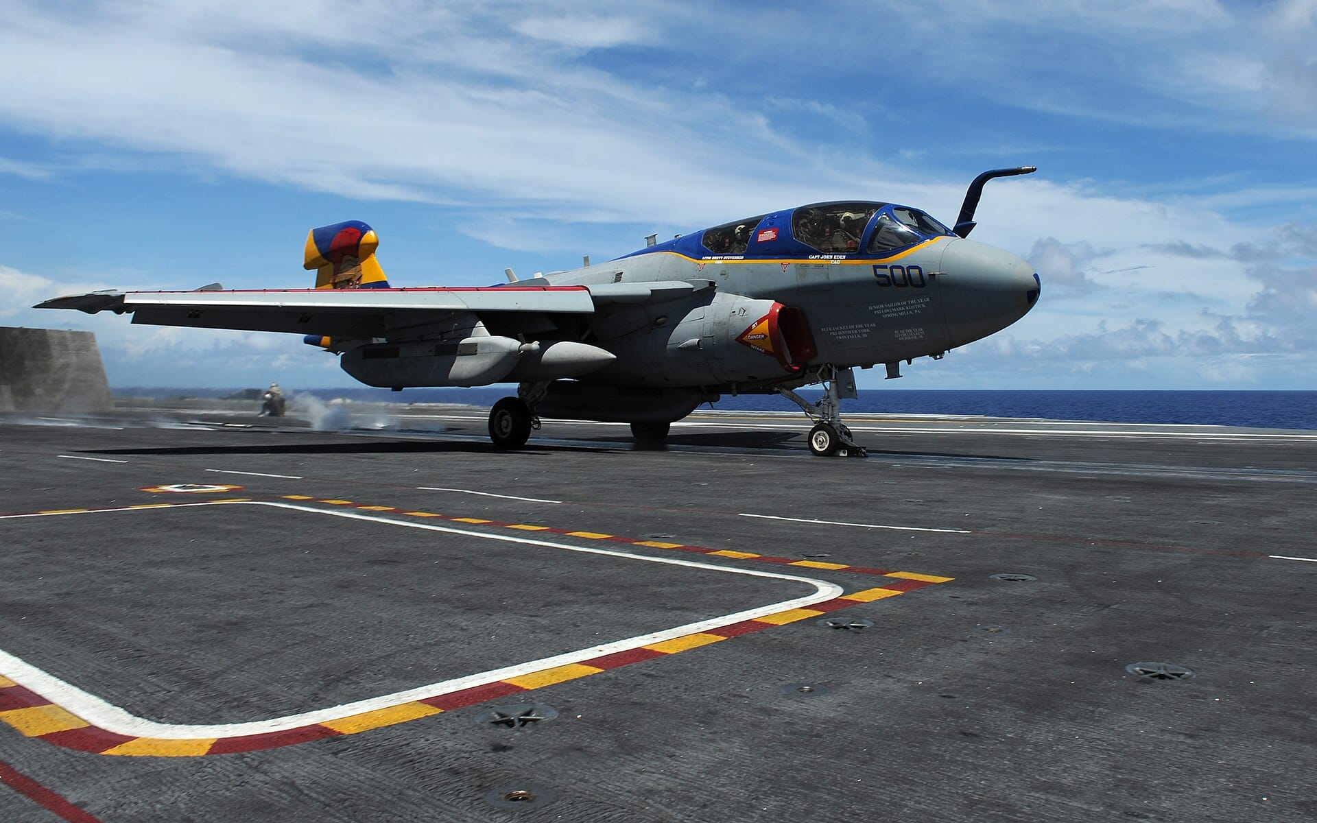 An EA-6B Prowler electronic-attack aircraft launching from a carrier