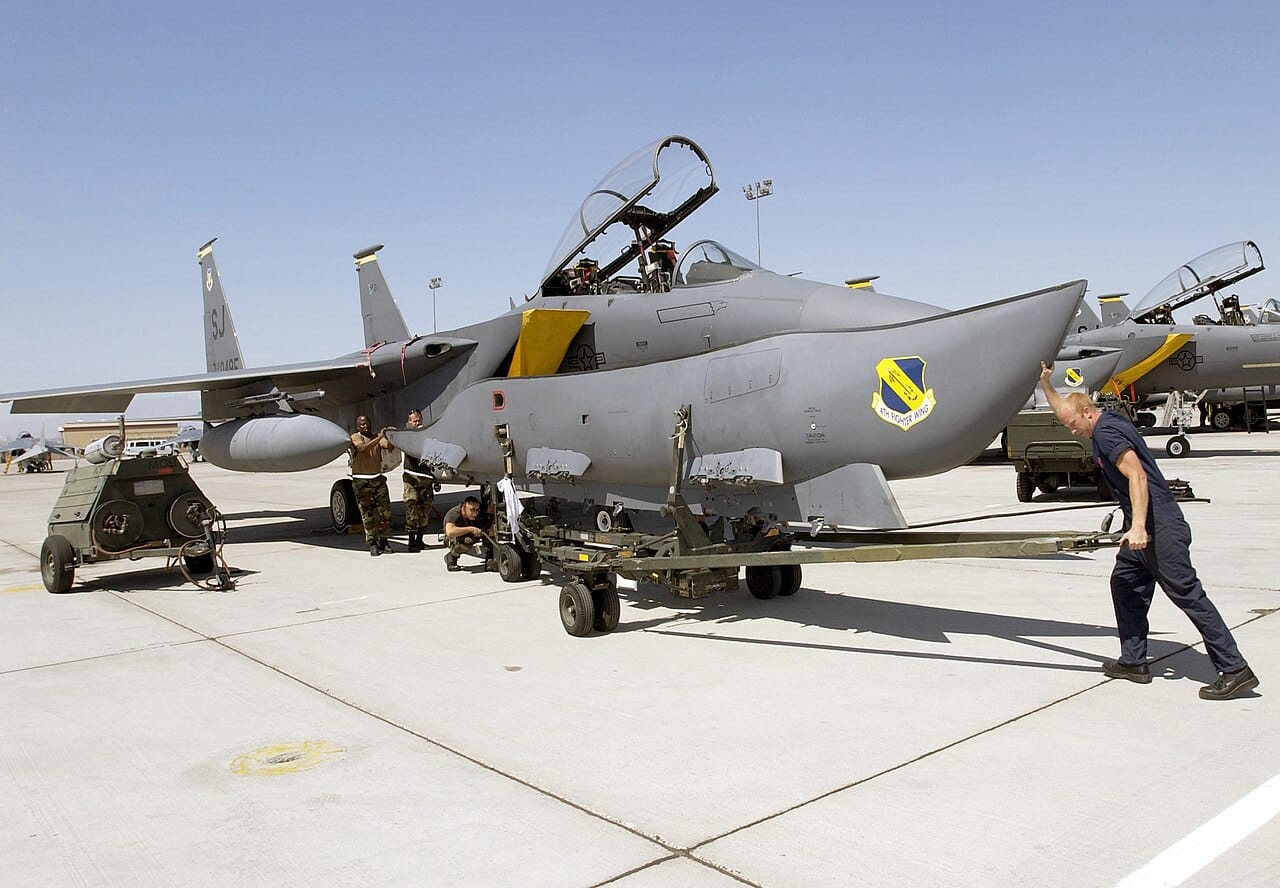 The conformal fuel tanks of an F-15E Strike Eagle