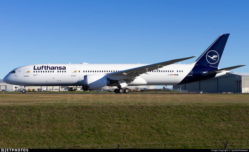 Lufthansa Boeing 787-9 D-ABPQ in Lufthansa livery at Paine Field before delivery