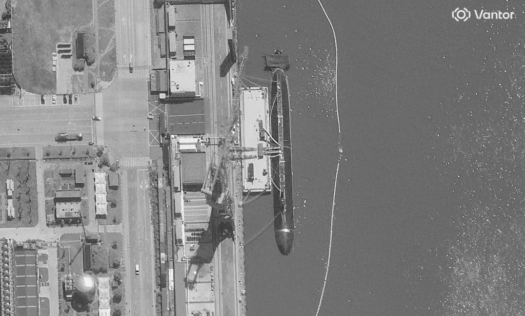 Close-up satellite view of the sailless submarine at JN Shipyard