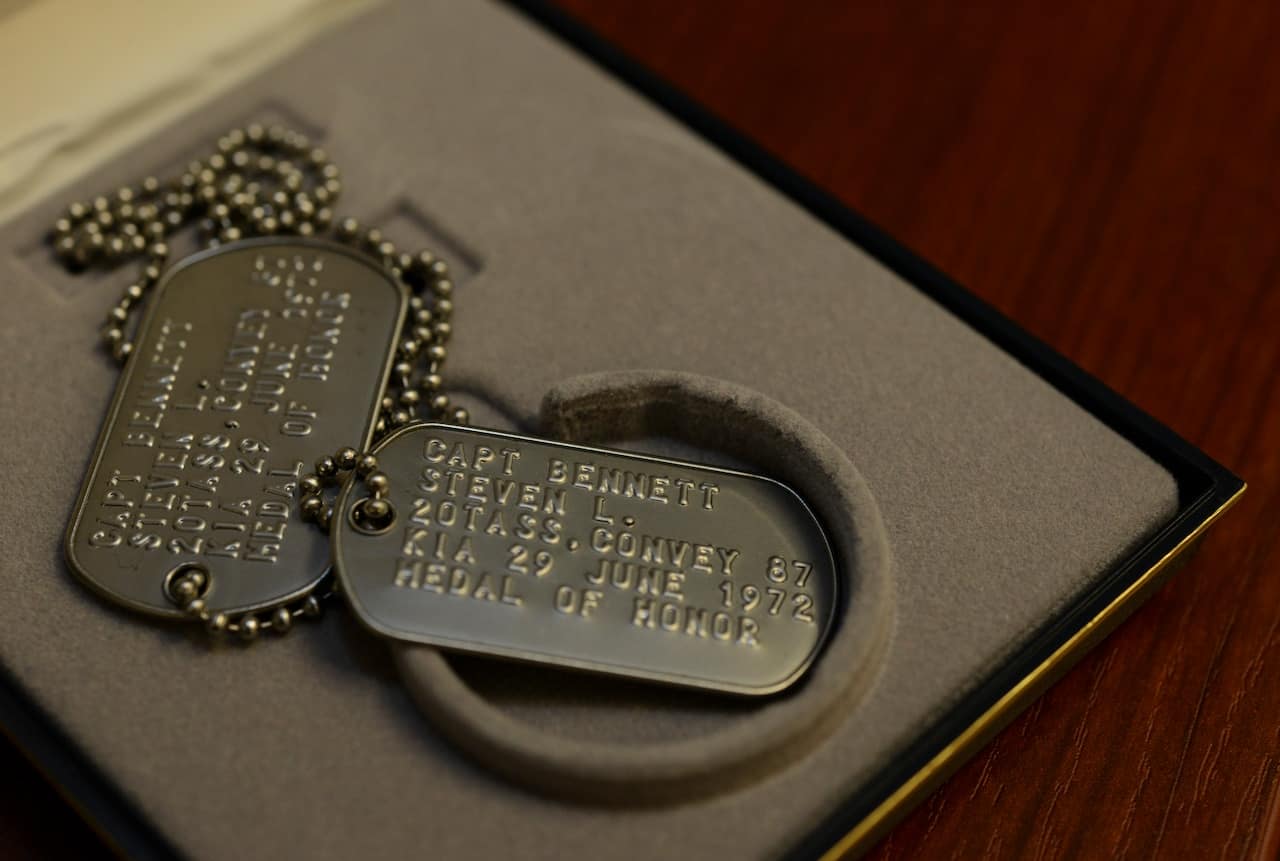 Replica dog tags for Medal of Honor recipient Capt. Steven L. Bennett