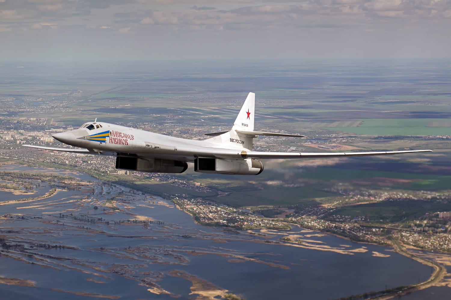 A Russian Tu-160 Blackjack strategic bomber in flight