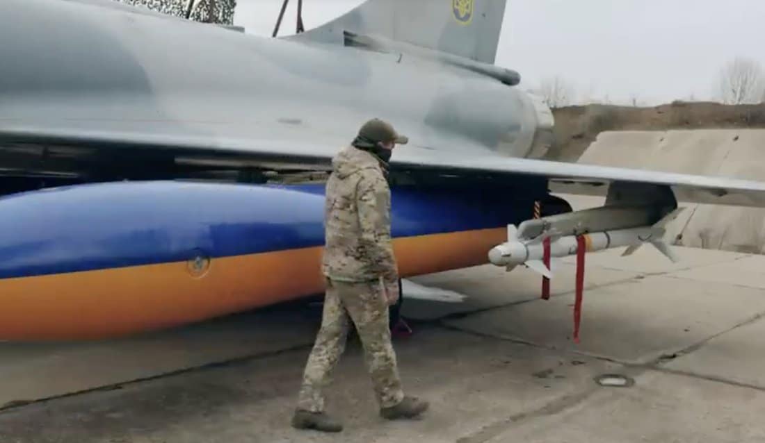 Ukrainian Mirage 2000 armed with a Magic 2 air-to-air missile at a forward airfield