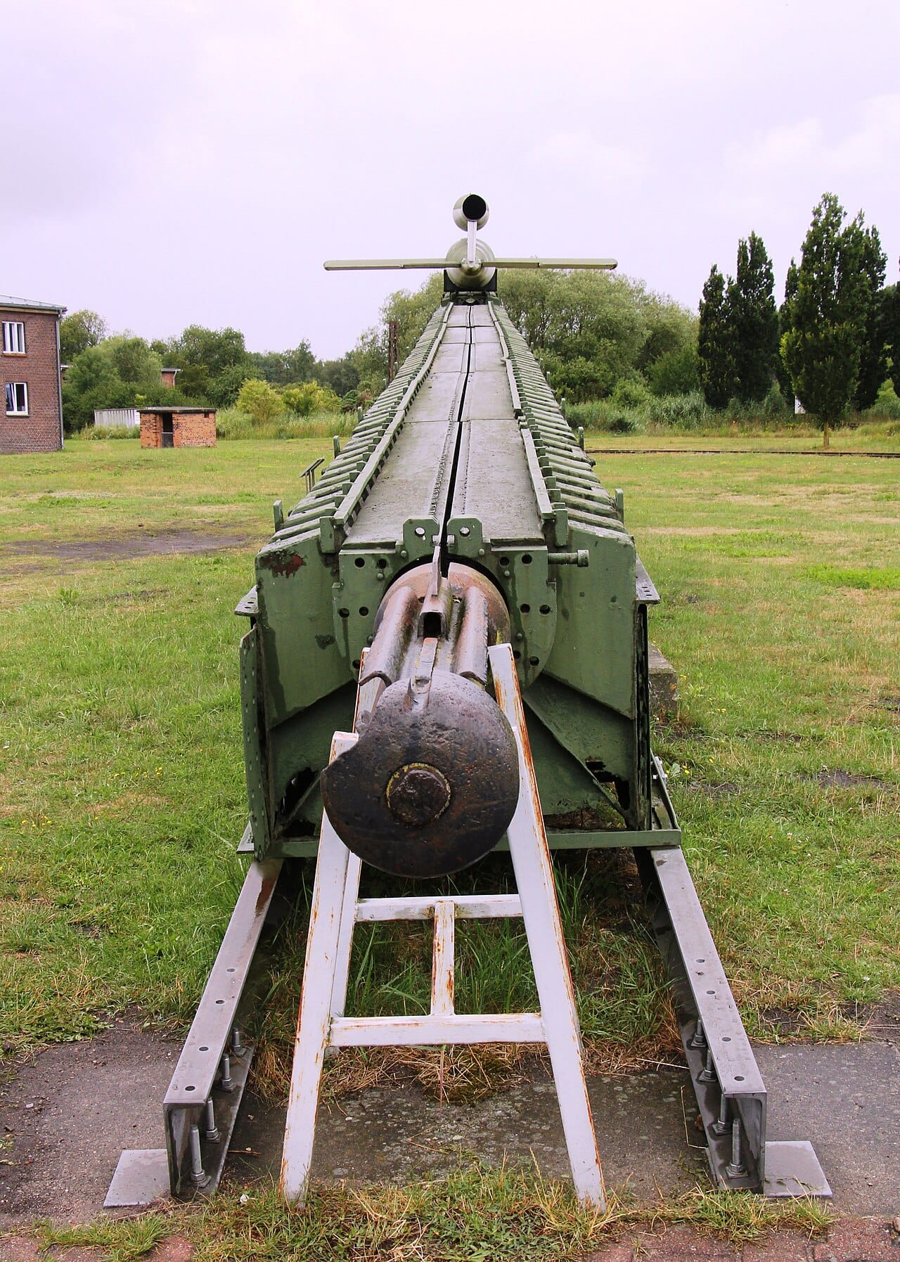 V-1 flying bomb on its launch ramp at the Peenemünde museum