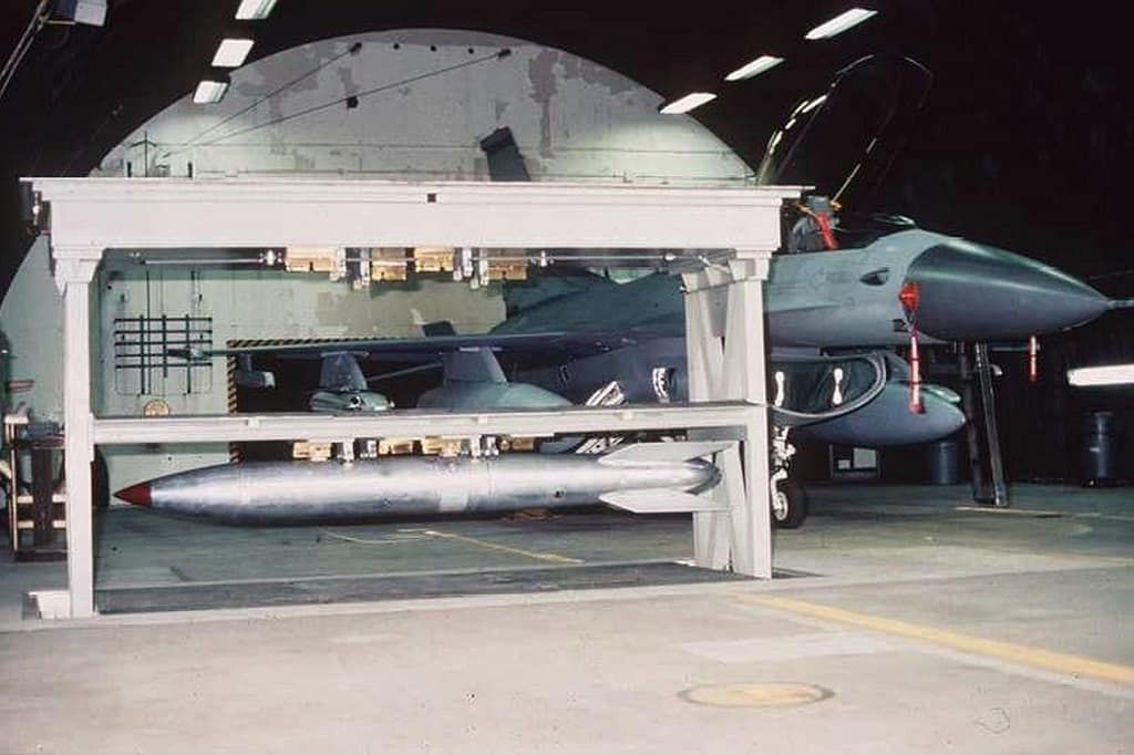 WS3 weapons storage vault holding a B61 nuclear bomb inside a protective aircraft shelter