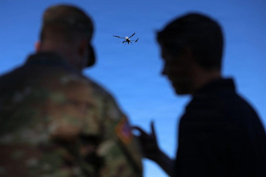 A 7th Infantry Division soldier pilots a PDW C100 small drone at Joint Base Lewis-McChord
