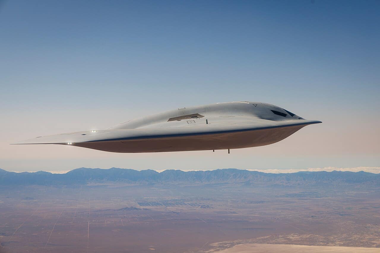 The second B-21 Raider test aircraft in flight over the Mojave desert