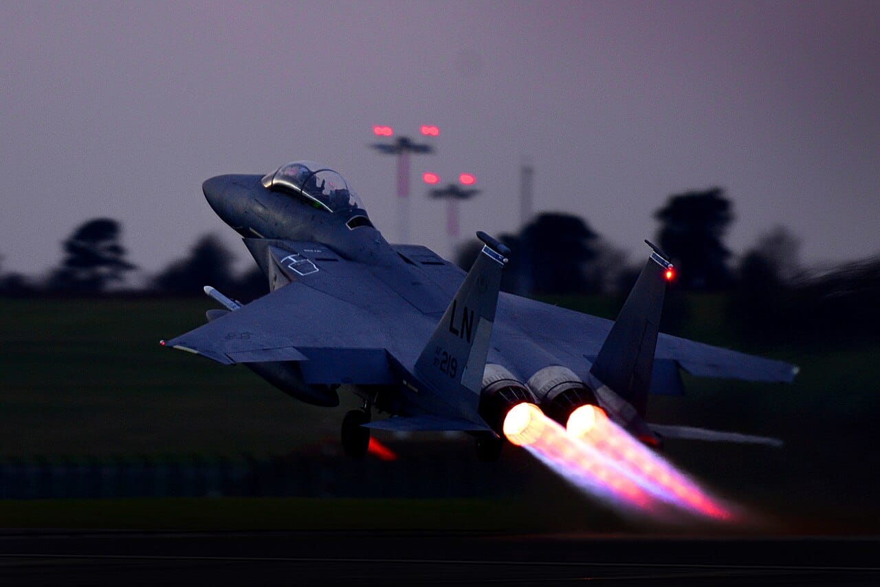 A 492nd Fighter Squadron F-15E Strike Eagle takes off from RAF Lakenheath in afterburner