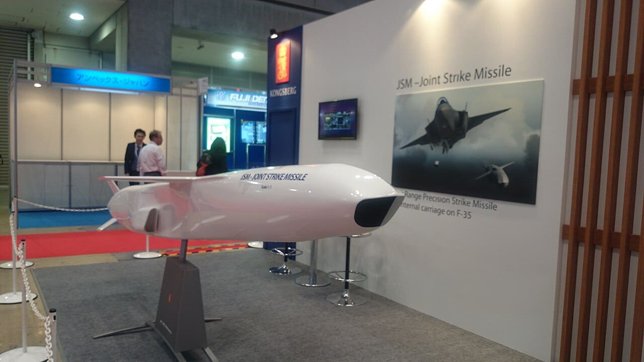 A full-scale Kongsberg Joint Strike Missile mockup at a defence exhibition